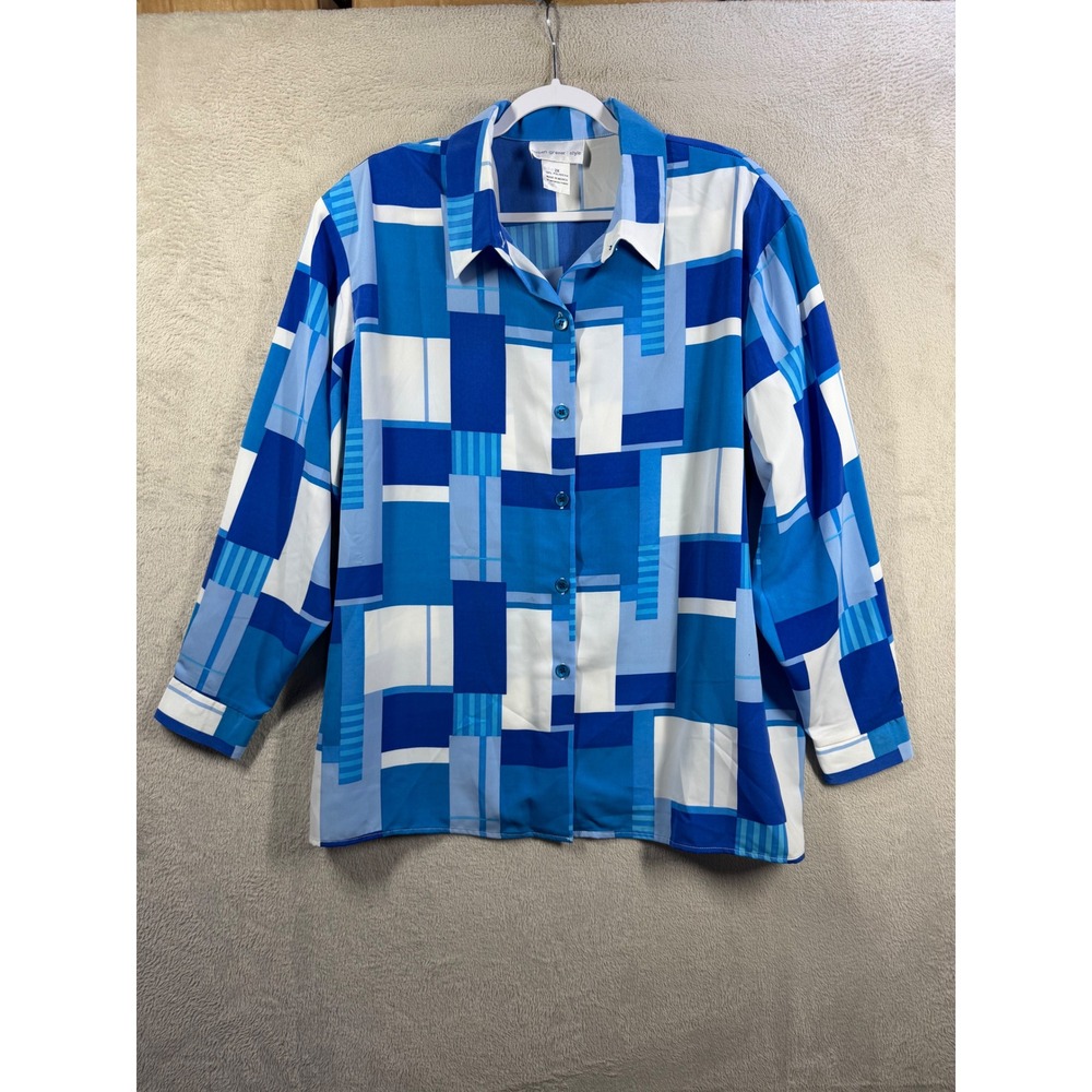 Susan Graver Style Button Down Women 2X Blue Geometric Relaxed Fit Long Sleeve